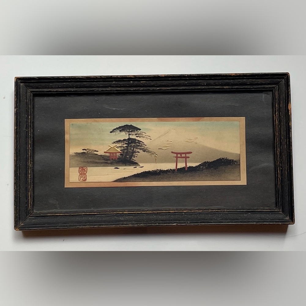 Vintage Japanese Woodblock Print with Red, Black, Gold Accents, Mount Fuji